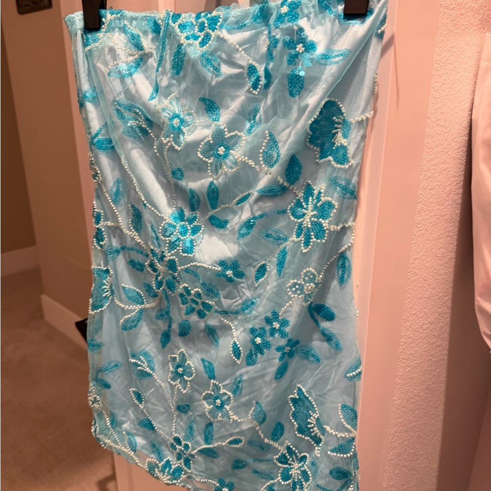 Floral Blue Women's Strapless Dress